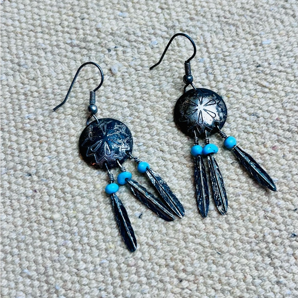 VTG 1990s Sterling Silver and Turquoise Bead Feather Earrings